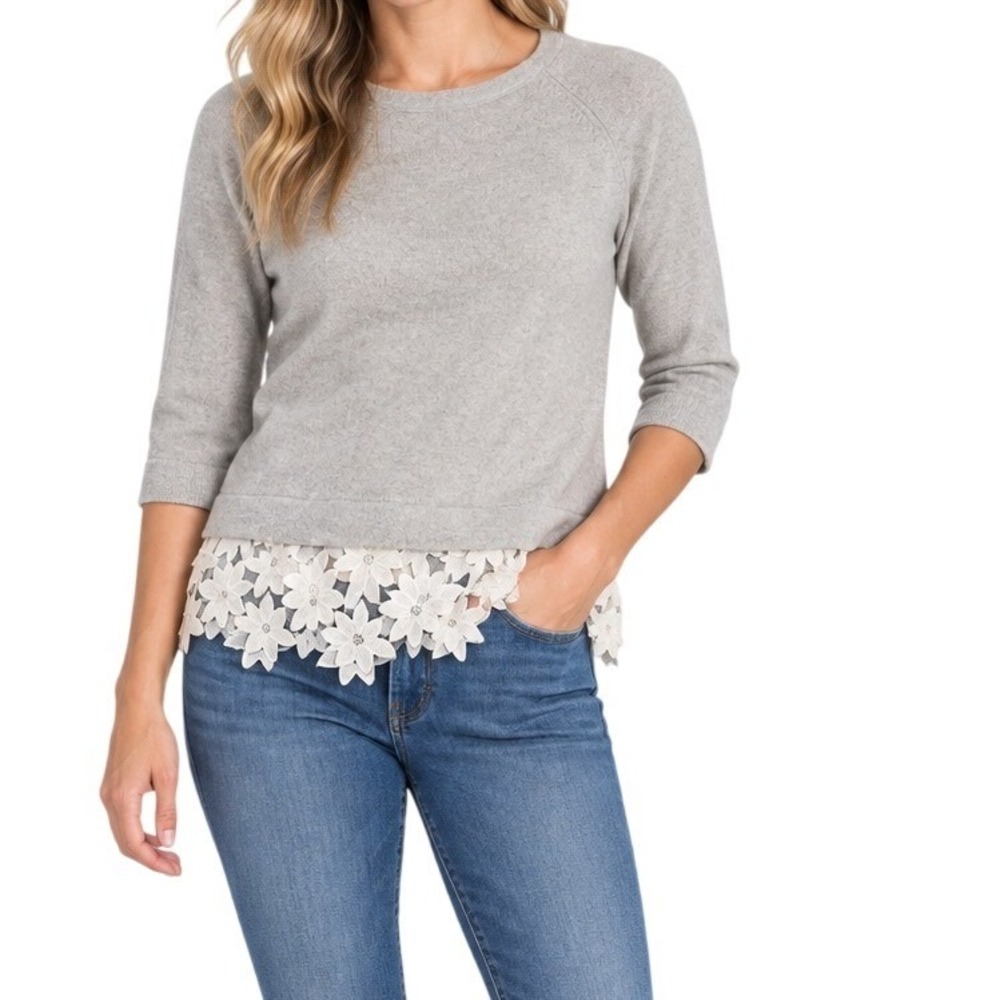 J.Crew Gray Merino Wool Blend Floral Lace Hem 3/4 Sleeve Sweater Women's Medium